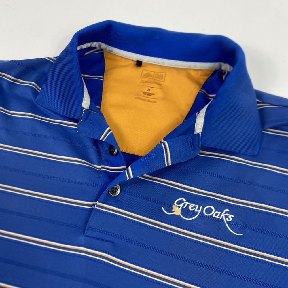 Adidas Polo Shirt Mens Large Royal Blue Striped Climacool Golf Grey Oaks Logo